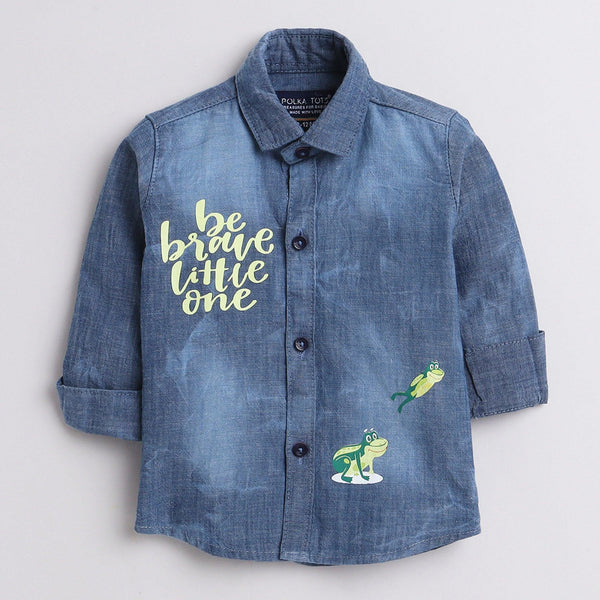 Polka Tots Full Sleeve Denim Kids Shirt Be Little Brave Frog Print - Blue