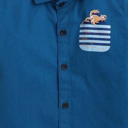 Polka Tots cotton pocket sea print  shirt - Blue
