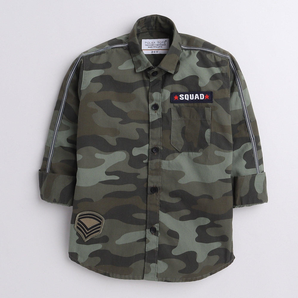 Polka Tots full sleeves Kids shirt military print camouflage  patch  - Green