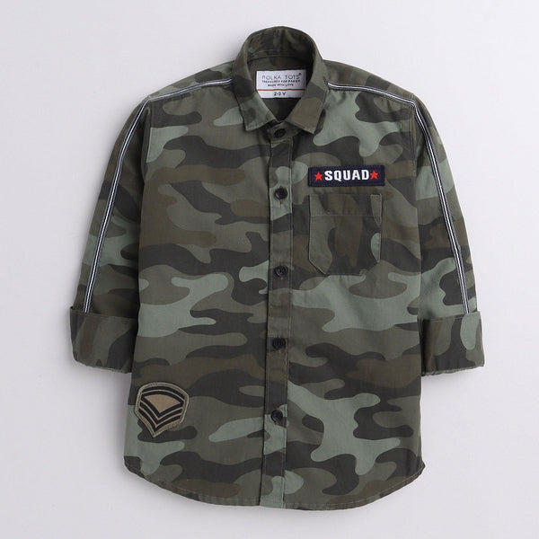 Polka Tots full sleeves Kids shirt military print camouflage  patch  - Green