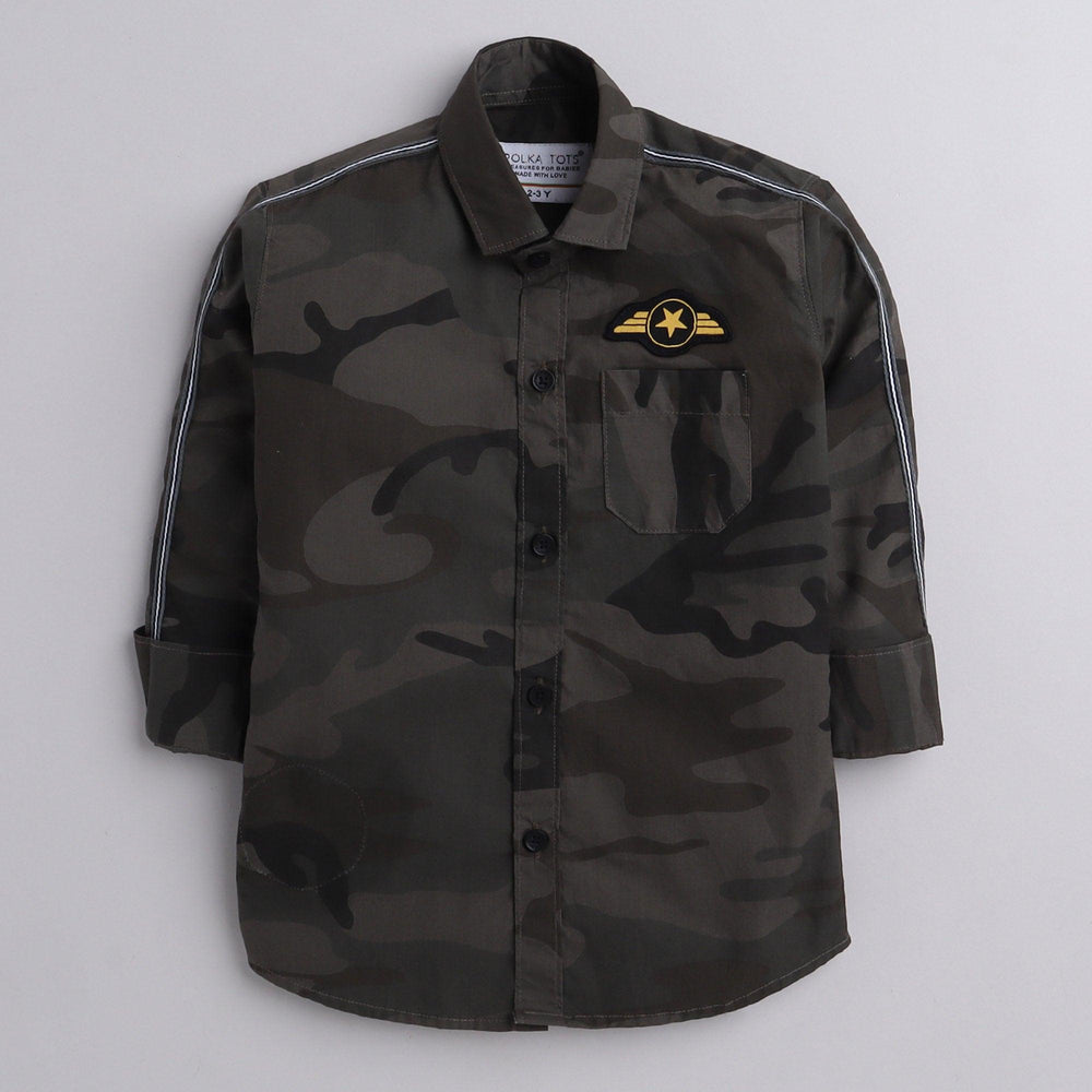 Polka Tots full sleeves Kids shirt military print camouflage  patch  - Grey