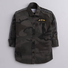 Polka Tots full sleeves Kids shirt military print camouflage  patch  - Grey
