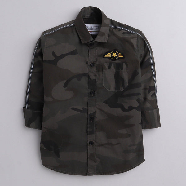 Polka Tots full sleeves Kids shirt military print camouflage  patch  - Grey