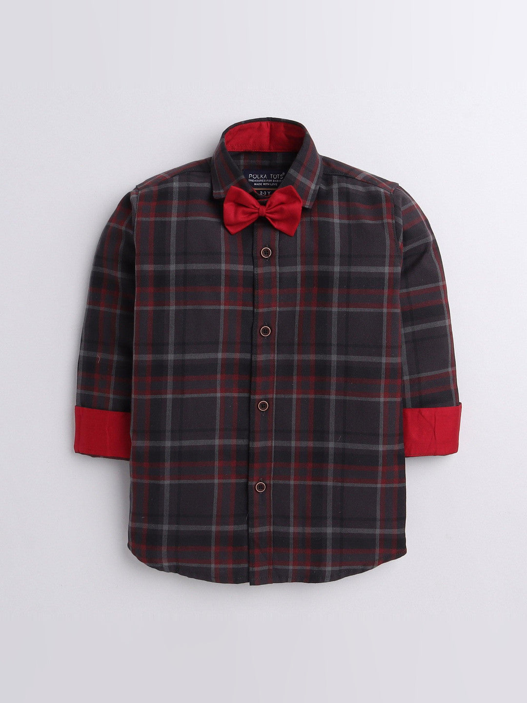 Polka Tots checks full sleeves  shirt with blue bow tie  elbow patch - Red