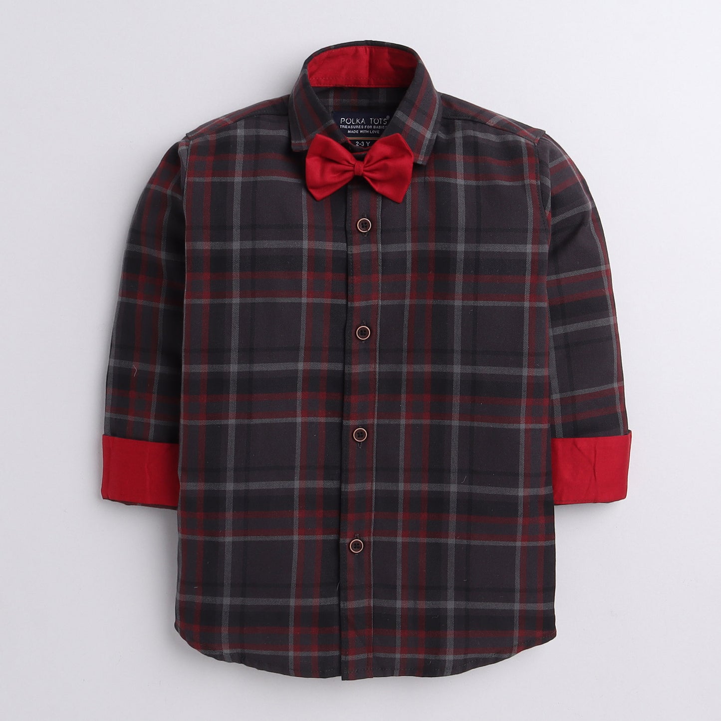 Polka Tots checks full sleeves  shirt with blue bow tie  elbow patch - Red