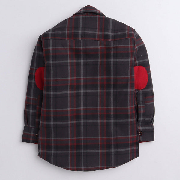 Polka Tots checks full sleeves  shirt with blue bow tie  elbow patch - Red