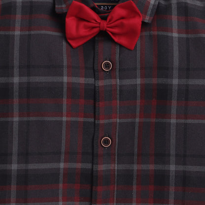 Polka Tots checks full sleeves  shirt with blue bow tie  elbow patch - Red