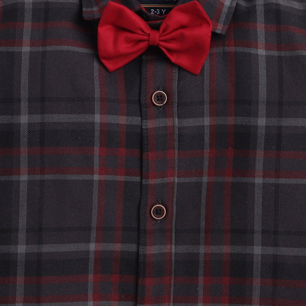 Polka Tots checks full sleeves  shirt with blue bow tie  elbow patch - Red