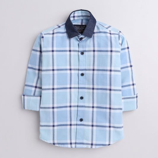 Polka Tots full sleeves checks shirt with  denim collar denim elbow patch  - Light Blue