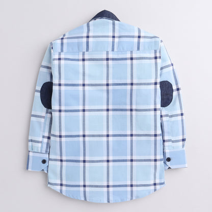 Polka Tots full sleeves checks shirt with  denim collar denim elbow patch  - Light Blue
