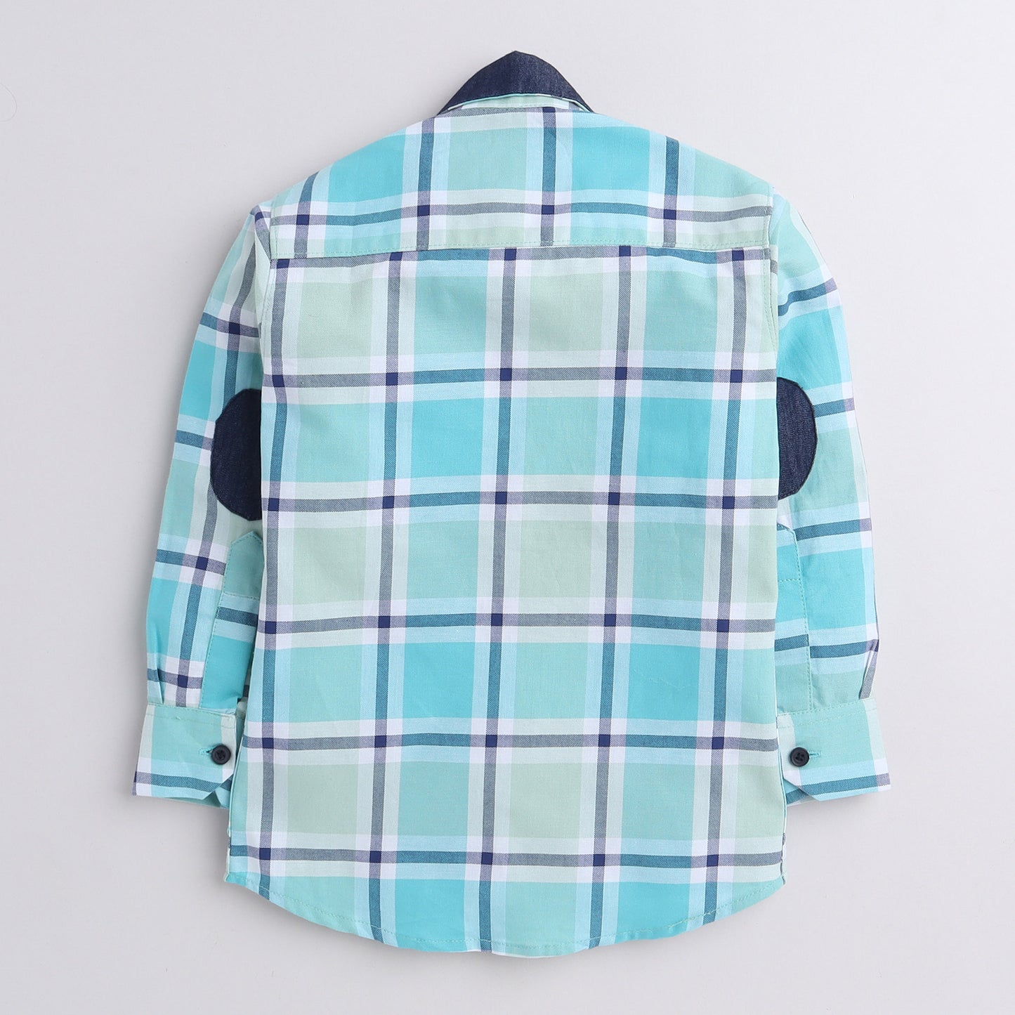 Polka Tots full sleeves checks shirt with  denim collar denim elbow patch  - Blue