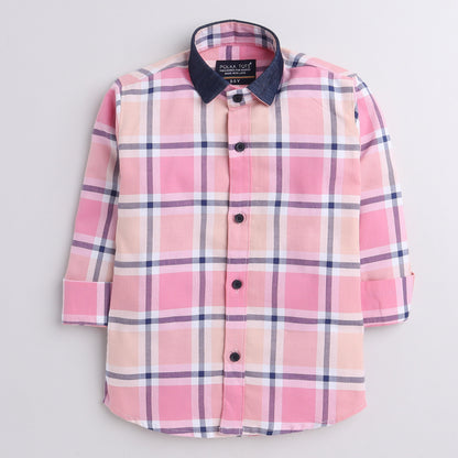 Polka Tots full sleeves checks shirt with  denim collar denim elbow patch  - Pink