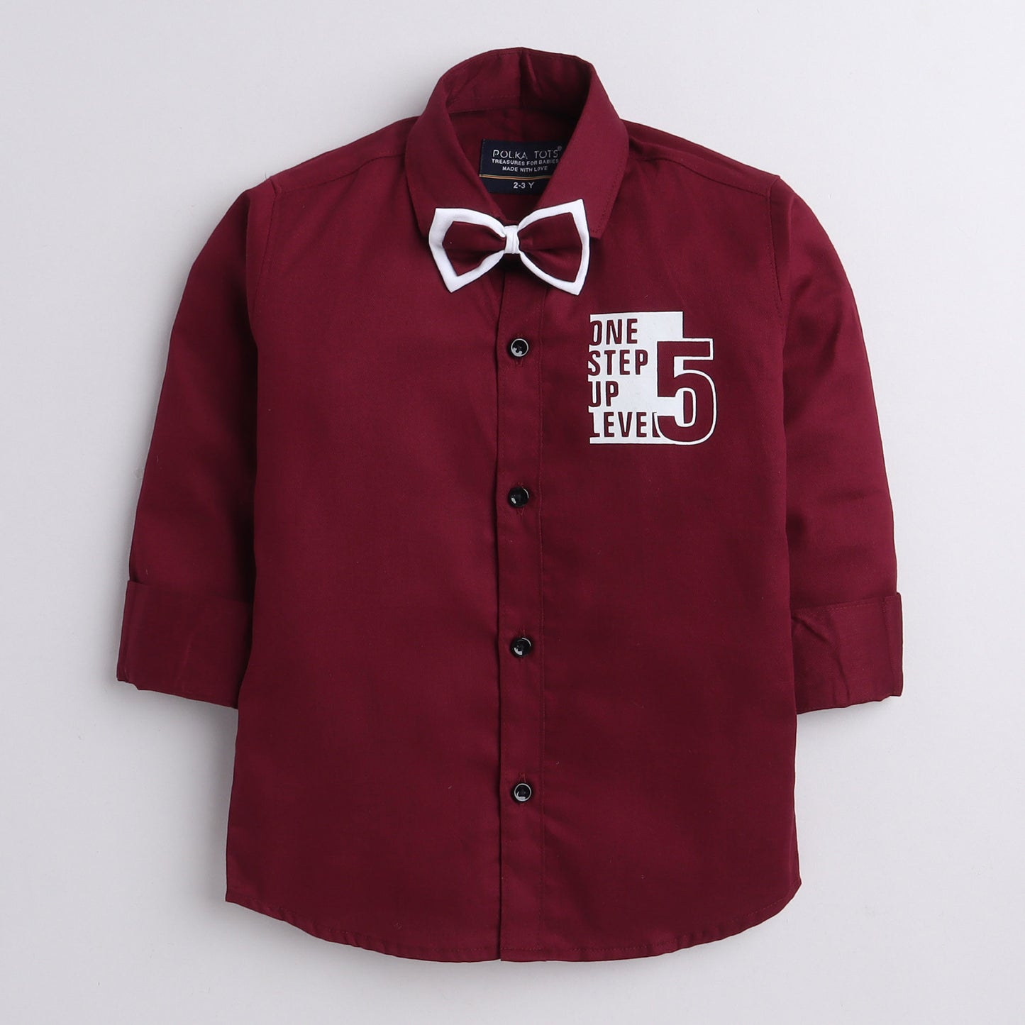  Polka Tots one step five design full sleeve shirt with bow tie - Maroon