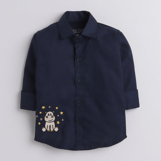 Polka Tots Full Sleeve Shirt Hippopotamus Thread Embroidery - Blue