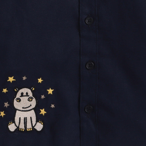 Polka Tots Full Sleeve Shirt Hippopotamus Thread Embroidery - Blue