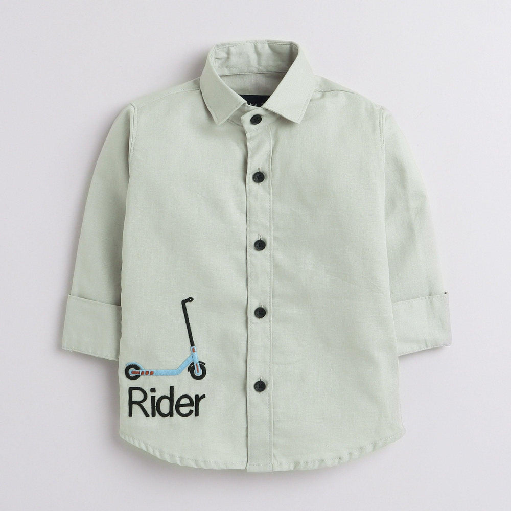 Polka Tots Full Sleeve Kids Shirt Rider Embroidery - Grey