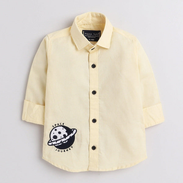 Polka Tots Full Sleeve Kids Shirt Space Journey Embroidery - Yellow