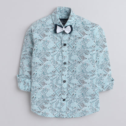 Polka Tots Cotton Regular Fit Full Sleeve Zig Zag Print Dual Bow Tie Shirt - Sky Blue