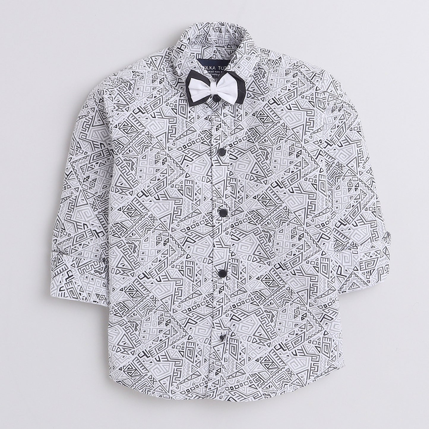 Polka Tots Cotton Regular Fit Full Sleeve Zig Zag Print Dual Bow Tie Shirt - White & Grey