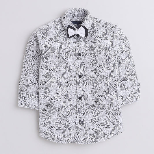 Polka Tots Cotton Regular Fit Full Sleeve Zig Zag Print Dual Bow Tie Shirt - White & Grey