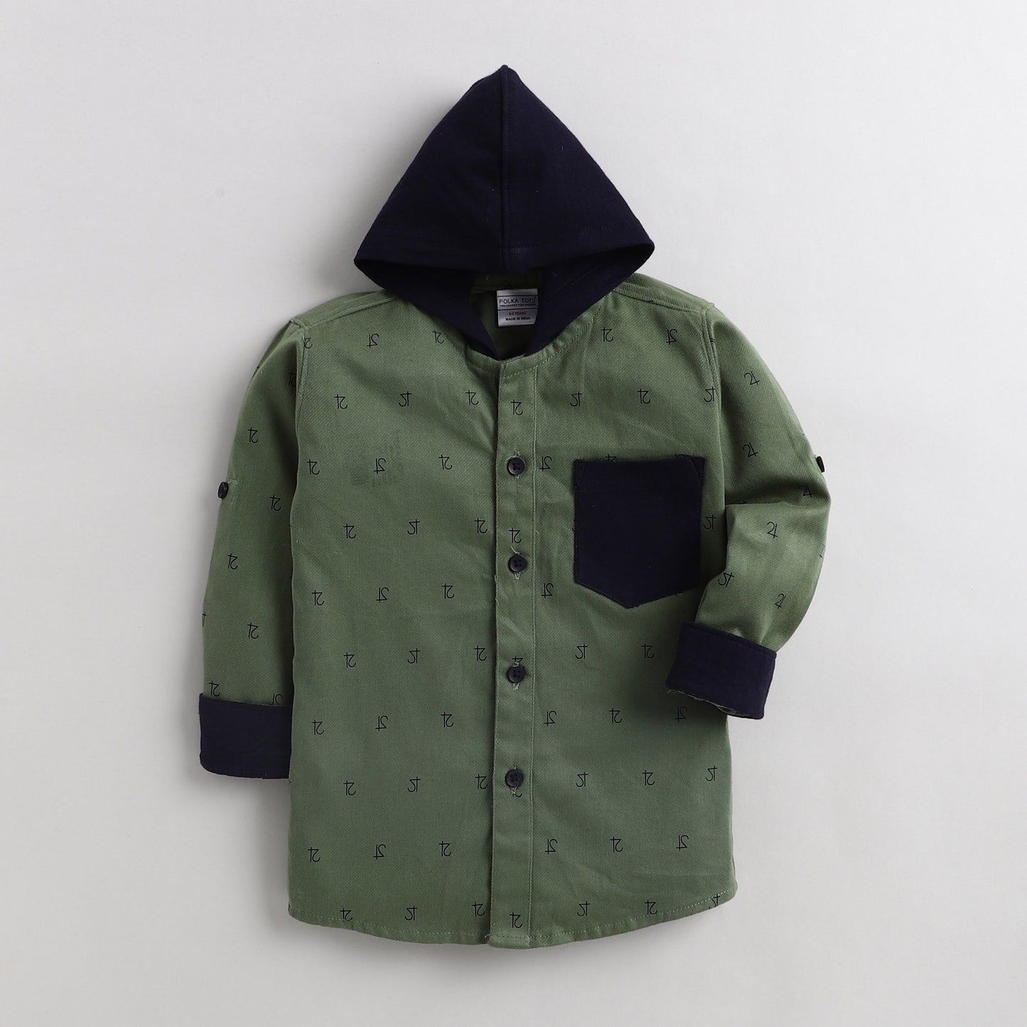 Polka Tots Full Sleeves Printed Hooded Shirt - Green