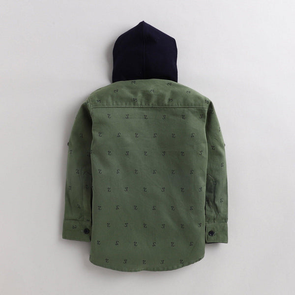 Polka Tots Full Sleeves Printed Hooded Kids Shirt - Green