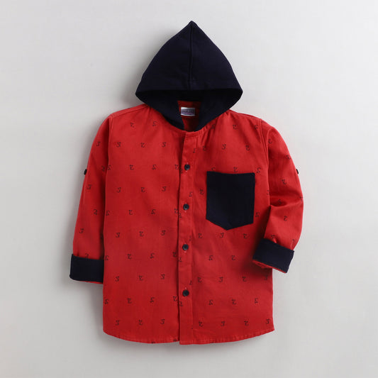 Polka Tots Full Sleeves Printed Hooded Shirt - Red