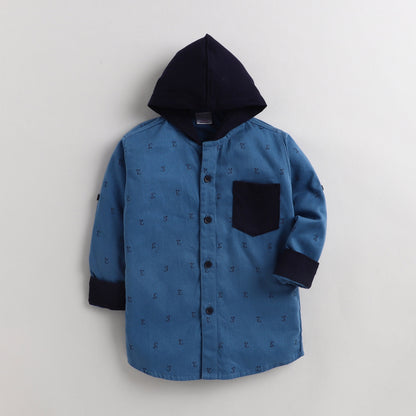 Polka Tots Full Sleeves Printed Hooded Shirt - Blue