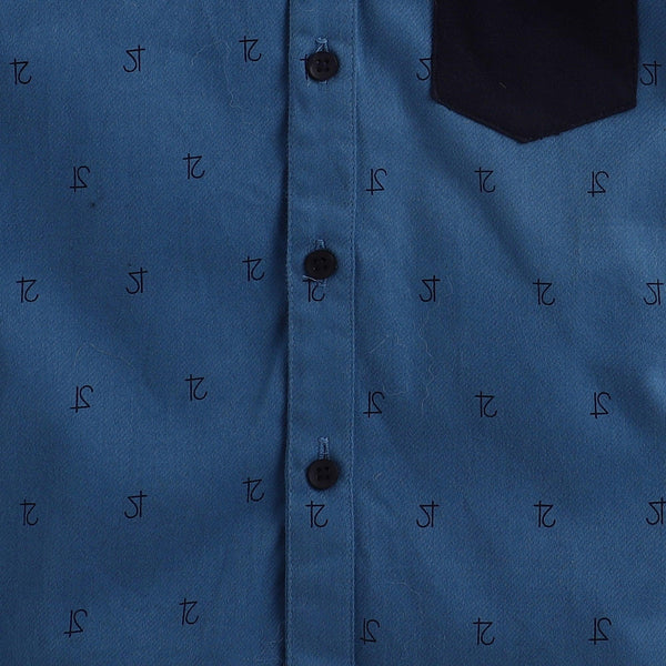 Polka Tots Full Sleeves Printed Hooded Shirt - Blue