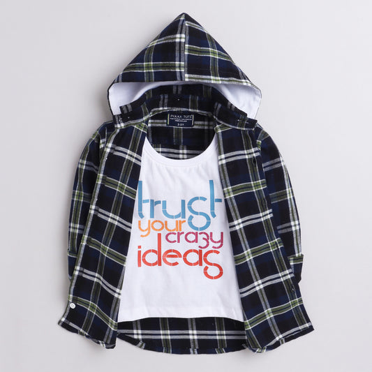 Polka Tots Full Sleeve Hoodie Checks Shirt Attached Tshirt Trust Your Crazy Ideas Print - Blue