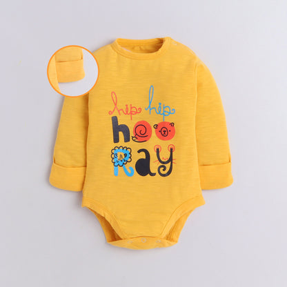Polka Tots Full Sleeve Romper Onesie with Folded Mittens 100% Super Soft Cotton Hip Hip Hooray Yellow