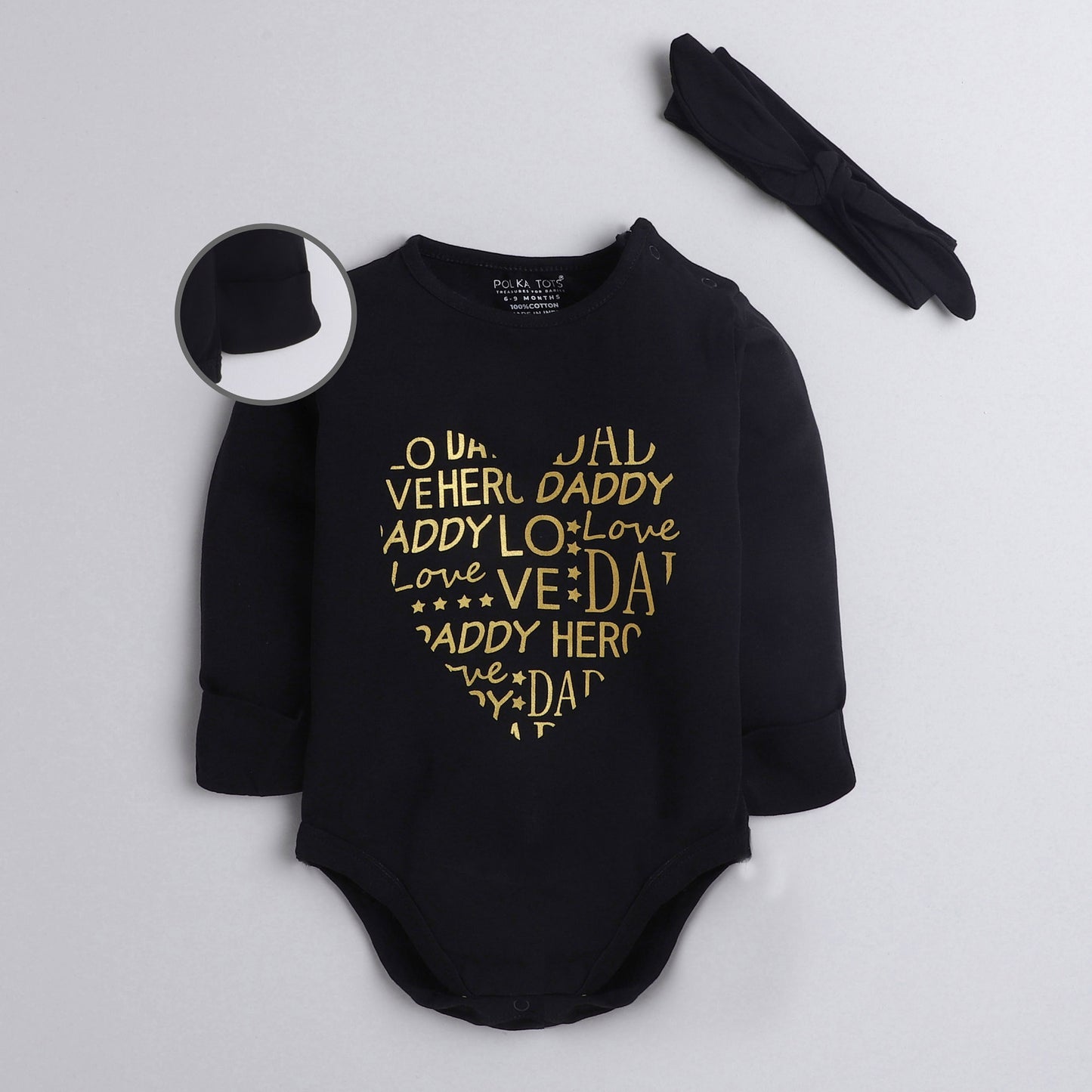 Polka Tots Full Sleeve Romper Onesie with Folded Mittens and Extra Headband Daddys Love Black