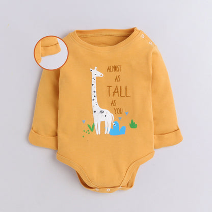 Polka Tots Full Sleeve Romper Onesie with Folded Mittens 100% Super Soft Cotton Giraffe Yellow