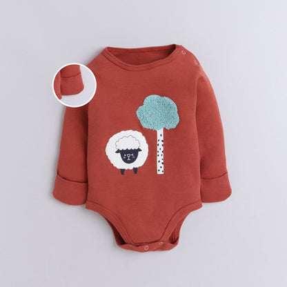 Polka Tots Full Sleeve Romper Onesie with Folded Mittens 100% Super Soft Cotton Sheep and Tree Rust