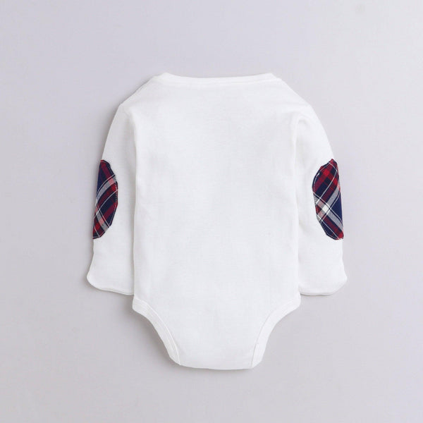 Polka Tots Full Sleeve Romper Onesie with elbow checks patches and bow tie with Folded Mittens 100% Super Soft Cotton White