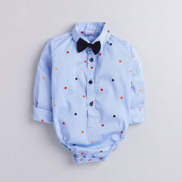 Polka Tots Full Sleeve Onesie Romper Polka Print With Bow Tie Blue