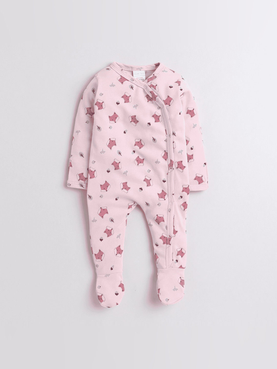 Polka Tots Full sleeve Fox Star All Over Print Footsie - Pink