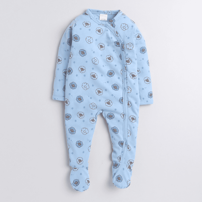 Polka Tots Full sleeve Fox Star All Over Print Footsie - Blue