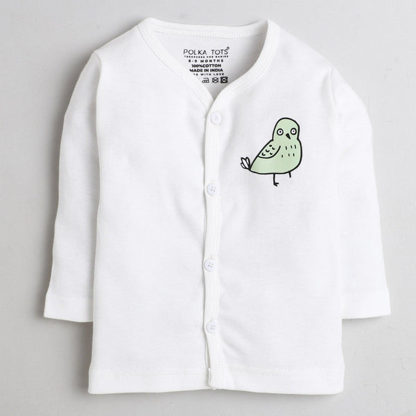 Polka Tots Full Sleeve Jabhla Vest Green Bird - White