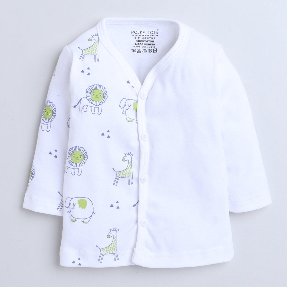 Polka Tots Full Sleeve Jabhla Vest Half Side Animal Print - White