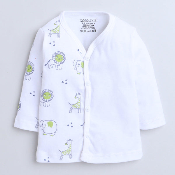 Polka Tots Full Sleeve Jabhla Vest Half Side Animal Print - White
