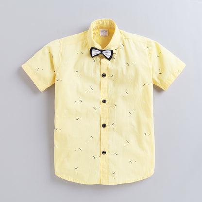 Polka Tots Half Sleeves All Over Leaves Printed Shirt With Bow Tie - Yellow