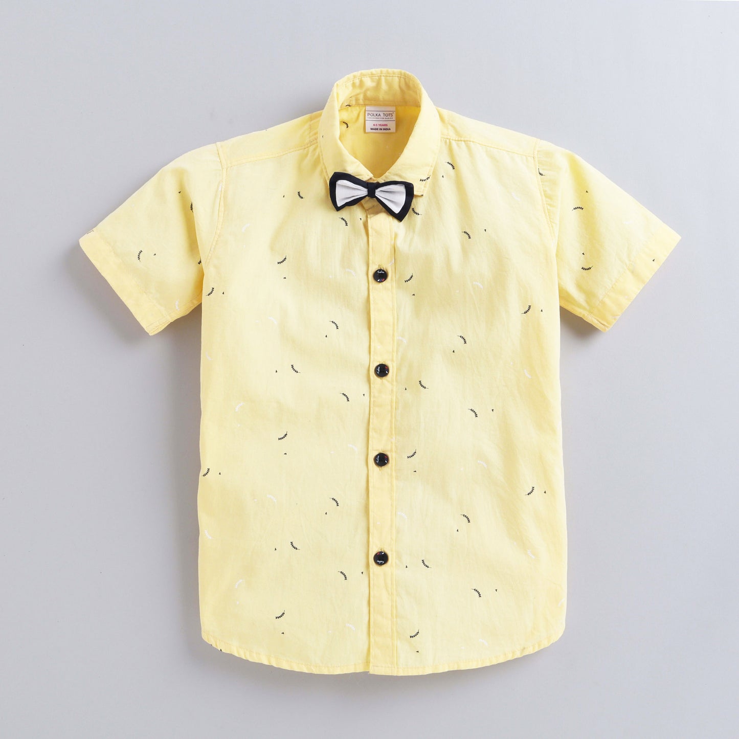 Polka Tots Half Sleeves All Over Leaves Printed Shirt With Bow Tie - Yellow