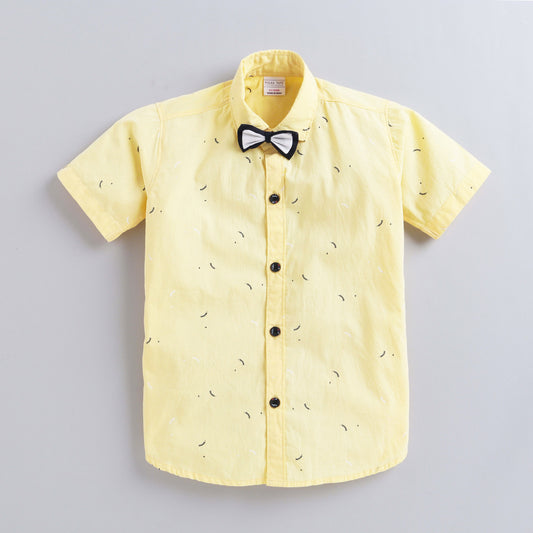 Polka Tots Half Sleeves All Over Leaves Printed Shirt With Bow Tie - Yellow