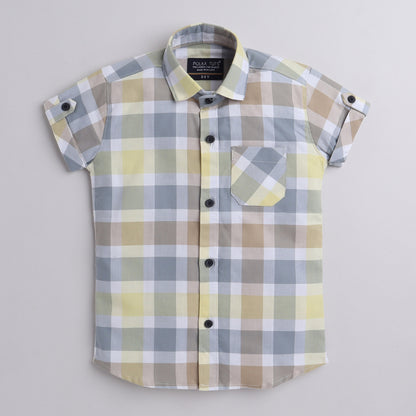 Polka Tots Half Sleeve Super Soft Cotton Checks Shirt With Roll Up Sleeve - Grey & Yellow