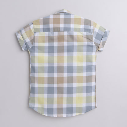 Polka Tots Half Sleeve Super Soft Cotton Checks Shirt With Roll Up Sleeve - Grey & Yellow
