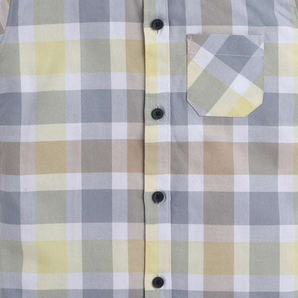 Polka Tots Half Sleeve Super Soft Cotton Checks Shirt With Roll Up Sleeve - Grey & Yellow