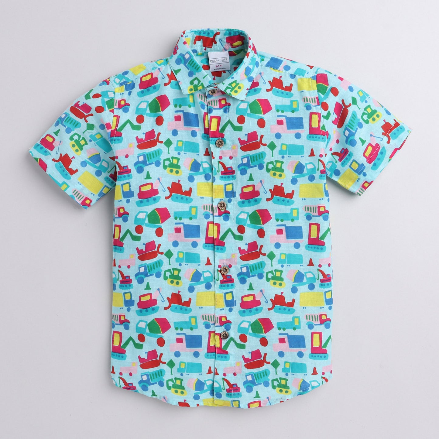 Polka Tots Half Sleeve Shirt Car Print - Light Blue