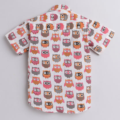 Polka Tots Half Sleeve Shirt Multi Color Owl Print - White