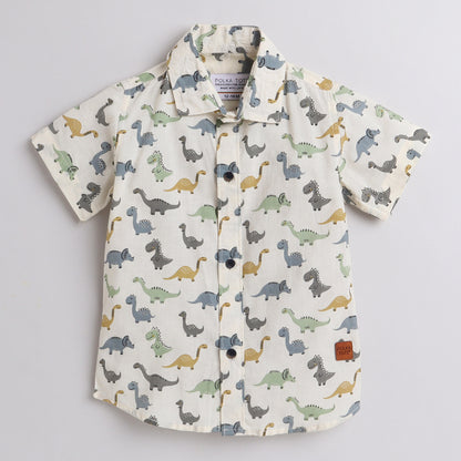 Polka Tots Half Sleeve Shirt Multi Color Dinosaur Print - White